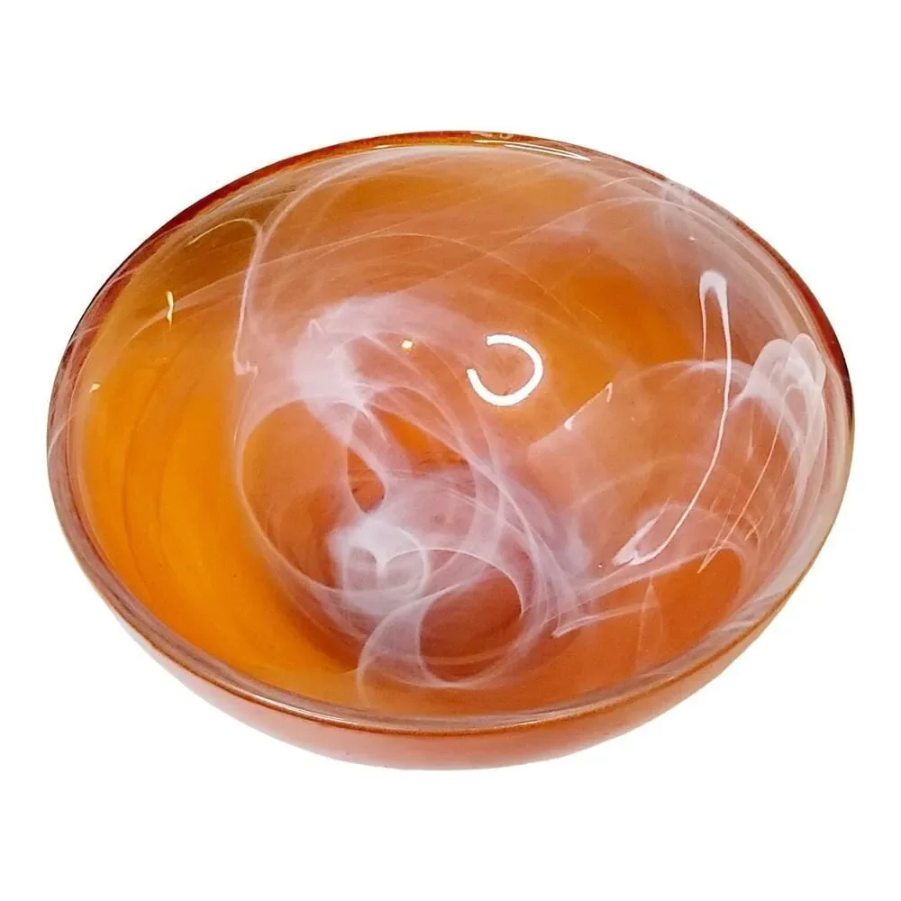 Set of 4 Vtg Floral‎ Debi Lilly Recycled Green Orange Glass Bowls With Swirls